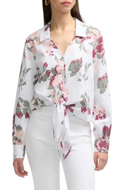 Ellen Tracy Tie Front Shirt In Peach Bouquet
