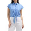 Ellen Tracy Tie Hem Button Front Top In Azure White Stripe