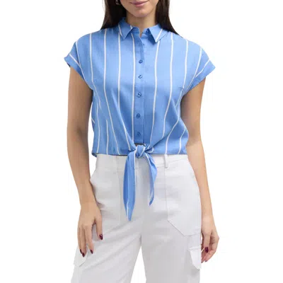 Ellen Tracy Tie Hem Button Front Top In Azure White Stripe