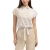 Ellen Tracy Tie Hem Button Front Top In Beige Batik Floral