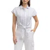 Ellen Tracy Tie Hem Button Front Top In Navy/azure Stripe