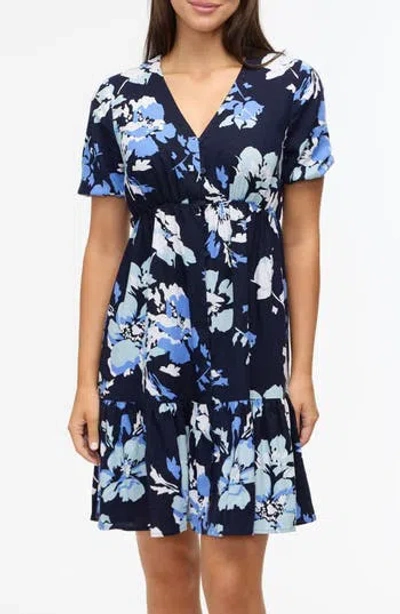 Ellen Tracy Tiered Linen Blend Dress In Navy Bouquet