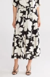 Ellen Tracy Tiered Pull-on Midi Skirt In Black Floral
