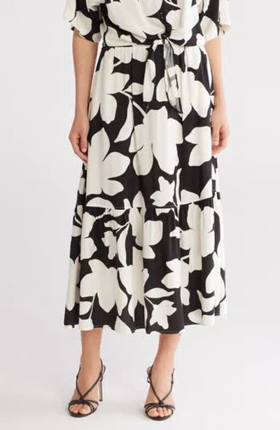 Ellen Tracy Tiered Pull-on Midi Skirt In Black Floral