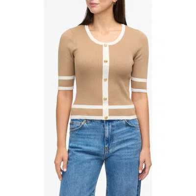 Ellen Tracy Tipped Elbow Sleeve Cardigan In Camel