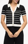 Ellen Tracy Tipped Polo Sweater In Black/marshmallow Stripe