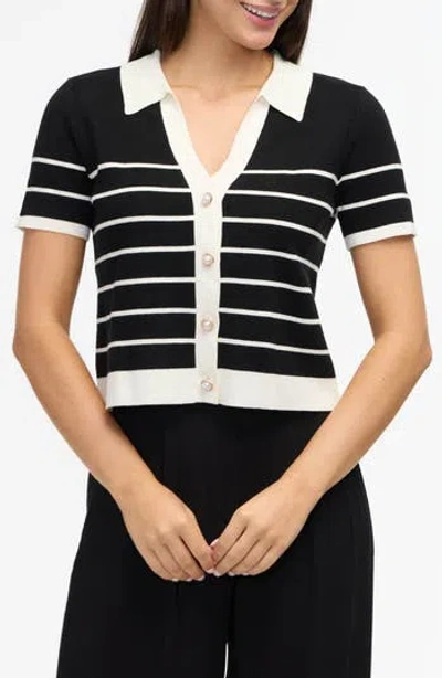 Ellen Tracy Tipped Polo Sweater In Black/marshmallow Stripe