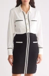 Ellen Tracy Tweed Trim Long Sleeve Button-up Shirt In Marshmallow