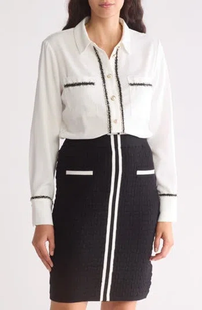 Ellen Tracy Tweed Trim Long Sleeve Button-up Shirt In Marshmallow