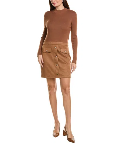 Ellen Tracy Vegan Suede Mix Media Dress In Brown