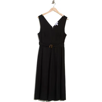 Ellen Tracy V-neck Sleeveless Belted Midi Dress In Black