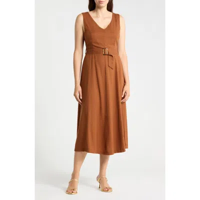 Ellen Tracy V-neck Sleeveless Belted Midi Dress In Brown