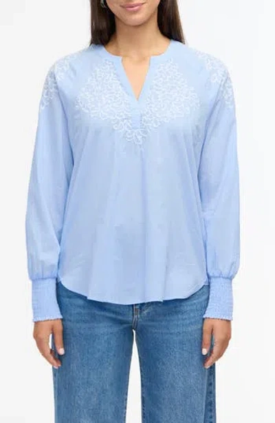 Ellen Tracy Voile Embroidered Cotton Popover Top In Blue