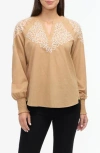 Ellen Tracy Voile Embroidered Cotton Popover Top In Camel
