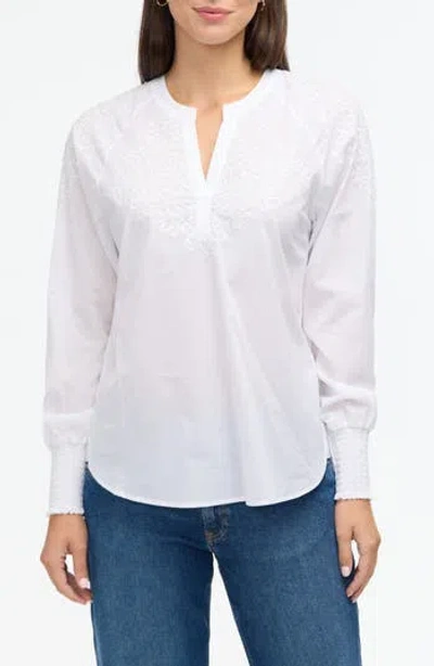 Ellen Tracy Voile Embroidered Cotton Popover Top In White