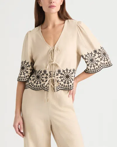 Ellen Tracy Women's 3 Front Tie Embroidered Top In Neutral