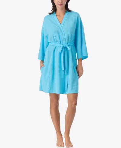 Ellen Tracy Women's 3/4-kimono-sleeve Short Waffle Robe In Blue