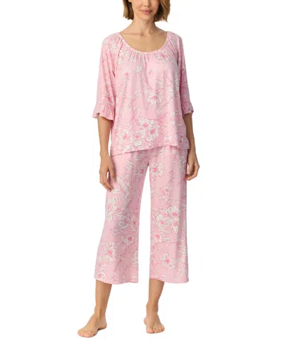 Ellen Tracy Women's Above-elbow Raglan Sleeves With Ruffle Wide-leg Cropped Pant Pajama Set In Pink Floral