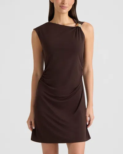 Ellen Tracy Women's Asymmetrical Neckline Knit Mini Dress In Brown