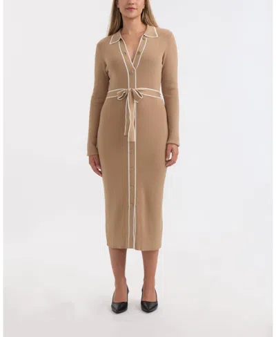 Ellen Tracy Women's Button Front Long Dress With Contrast Tipping In Brown