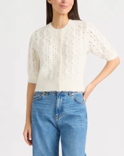 Ellen Tracy Women's Cable Knit And Pointelle Short Sleeve Cardigan In White
