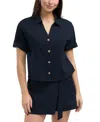 Ellen Tracy Boxy Short Sleeve Crop Button-up Shirt In Blue