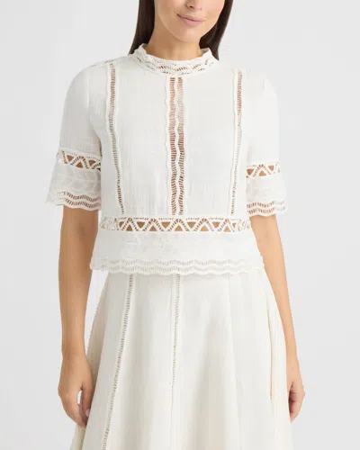 Ellen Tracy Women's Cotton Crosshatch Top With Crochet Applique In White