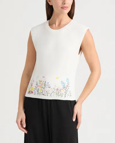 Ellen Tracy Women's Crewneck Sweater With Embroidered Hem In White