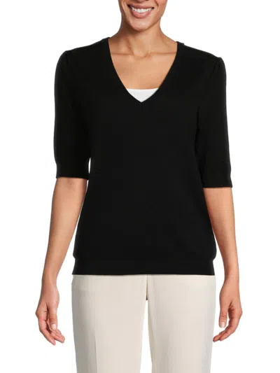 Ellen Tracy Women's Elbow Sleeve V Neck Sweater In Black