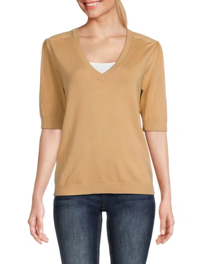 Ellen Tracy Women's Elbow Sleeve V Neck Sweater In Sand