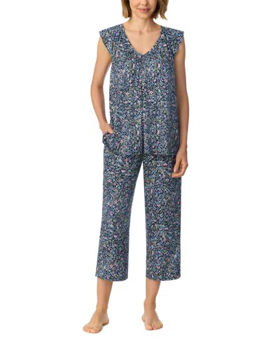 Ellen Tracy Women's Flutter Raglan Sleeve Top With Cropped Pant V-neck Pajama Set In Blue Ditsy