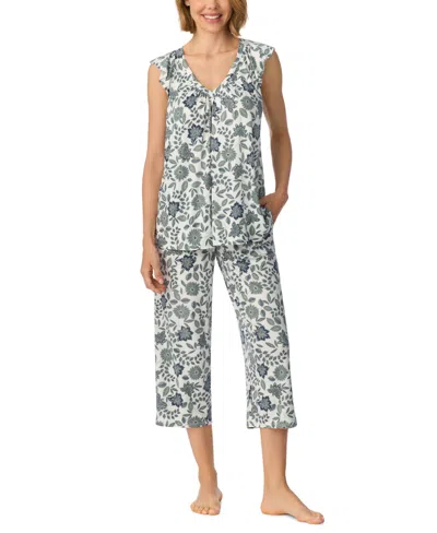 Ellen Tracy Women's Flutter Raglan Sleeve Top With Cropped Pant V-neck Pajama Set In Sage Print
