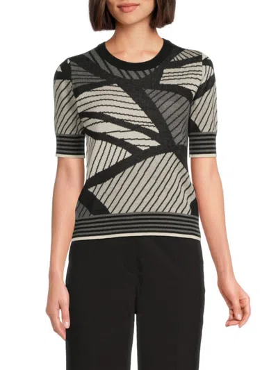 Ellen Tracy Women's Geometric Crewneck Sweater In Black Geo Stripe