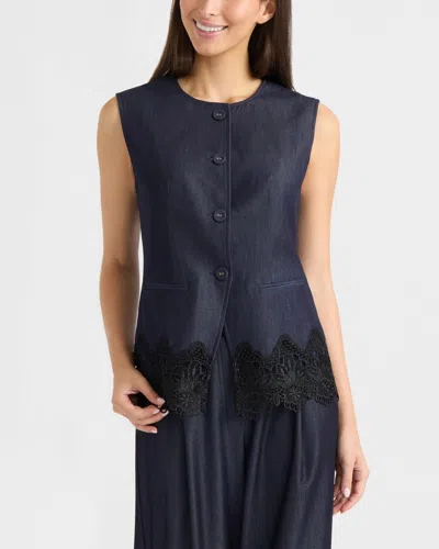 Ellen Tracy Lace Trim Vest In Blue