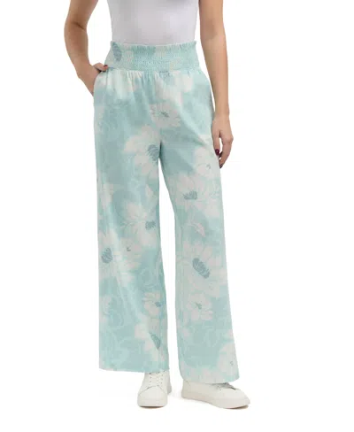 Ellen Tracy Women's Linen Smocked Wide Leg Pant In Blue