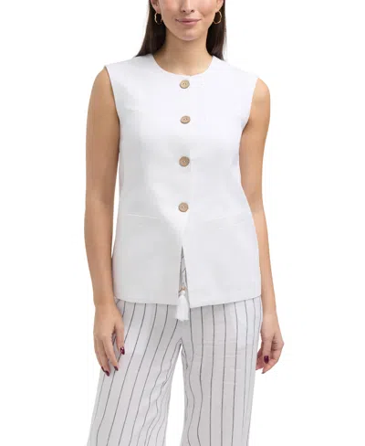 Ellen Tracy Women's Linen Vest With Welt Pockets In White