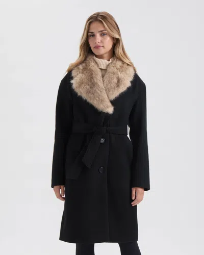 Ellen Tracy Women's Long Faux Wool Coat With Detachable Faux Fur Collar In Black