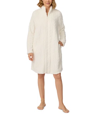 Ellen Tracy Women's Long-sleeve Cable-knit Zip-front Short Robe In White