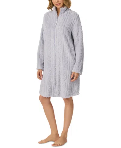 Ellen Tracy Women's Long-sleeve Cable-knit Zip-front Short Robe In Grey