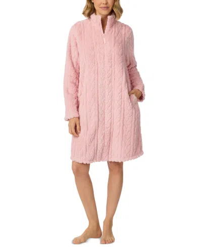 Ellen Tracy Women's Long-sleeve Cable-knit Zip-front Short Robe In Pink