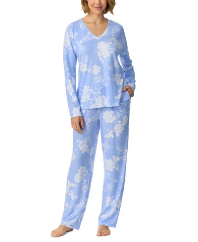 Ellen Tracy Women's Long-sleeve V-neck Brushed Sweater Knit Top And Pants, 2-piece Set In Blue Floral