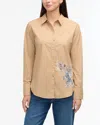Ellen Tracy Embroidered Flower Poplin Button-up Shirt In Brown