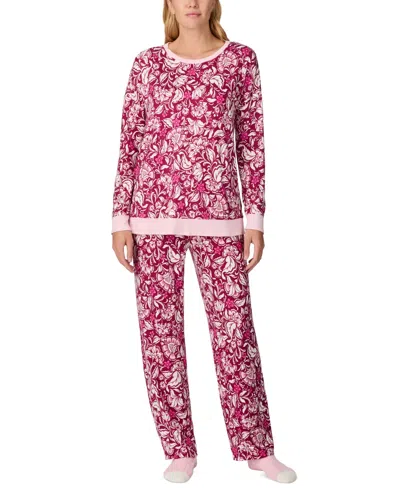 Ellen Tracy Women's Printed Long-sleeve Pajama Set + Fuzzy Socks In Red