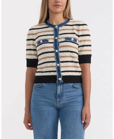 Ellen Tracy Frayed Denim Trim Short Sleeve Cardigan In Multi