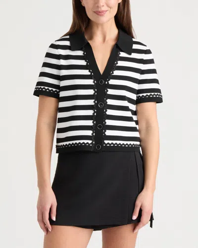 Ellen Tracy Women's Short Sleeve Cardigan With Ric Rac Trims In Black