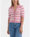 Ellen Tracy Stripe Short Sleeve Pointelle Cardigan In Pink