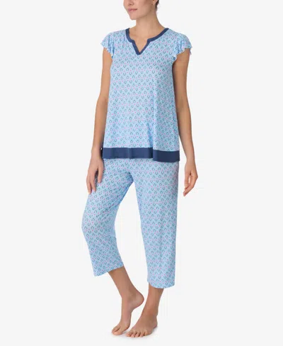 Ellen Tracy Women's Short Sleeve Cropped Pj Set In Blue Geo