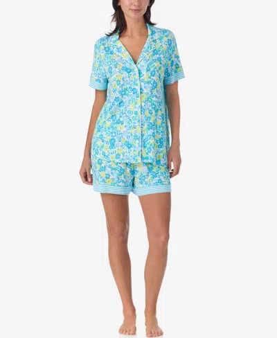 Ellen Tracy Women's Short-sleeve Notch Collar Jersey Top & Shorts, 2-piece Pajama Set In Blue