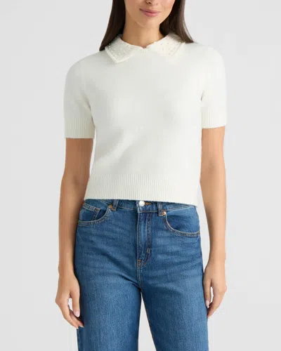 Ellen Tracy Women's Short Sleeve Sweater With Pearled Collar In White