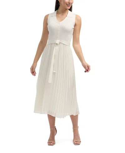 Ellen Tracy Women's Sleeveless Mix Media Pleated Dress In White